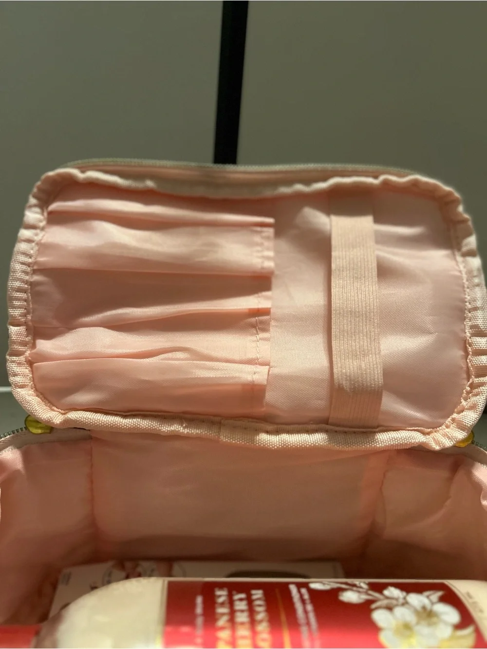 Pink Sherpa Cosmetic Train Case with Top Handle and Cosmetics